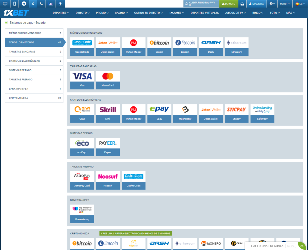1xBet Metodos de Pago